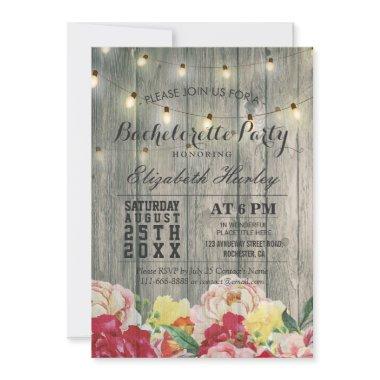 String Light Rustic Wood Floral Bachelorette Party Invitations