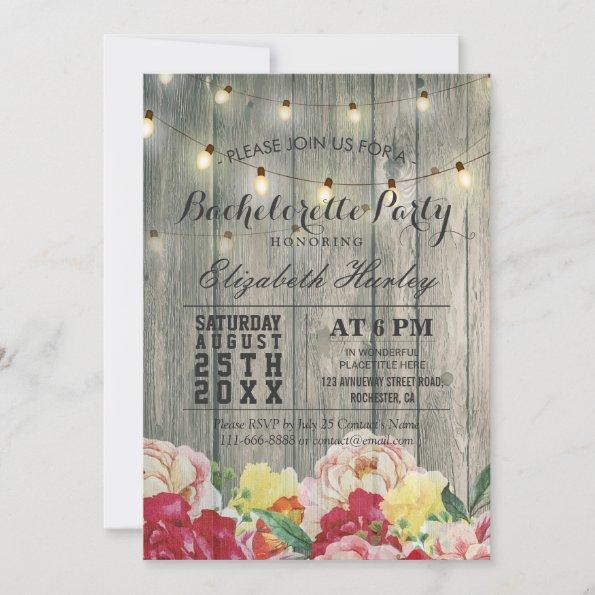 String Light Rustic Wood Floral Bachelorette Party Invitations