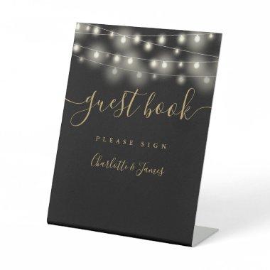 String Lights Black And Gold Script Guest Book Pedestal Sign