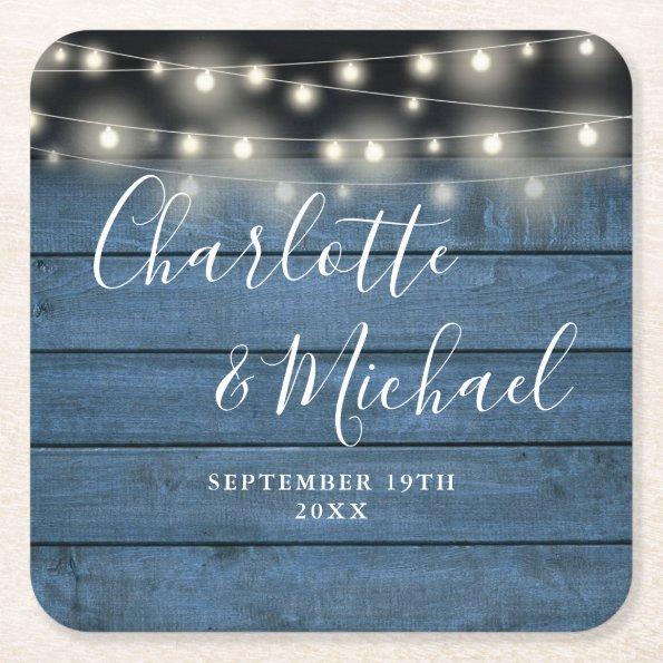String Lights Blue Rustic Signature Script Wedding Square Paper Coaster