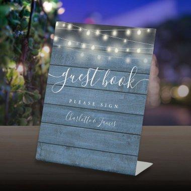 String Lights Blue Rustic Wood Script Guest Book Pedestal Sign