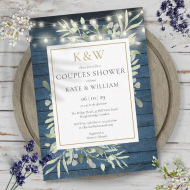 String Lights Blue Wood Monogram Couples Shower Invitations