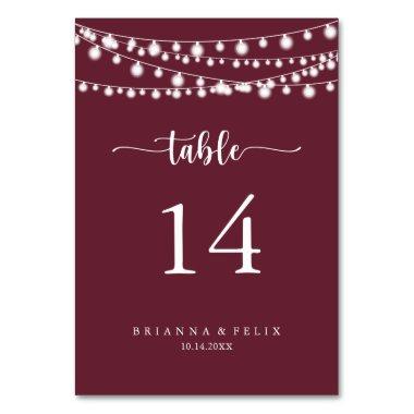String Lights Burgundy Calligraphy Wedding Table Number