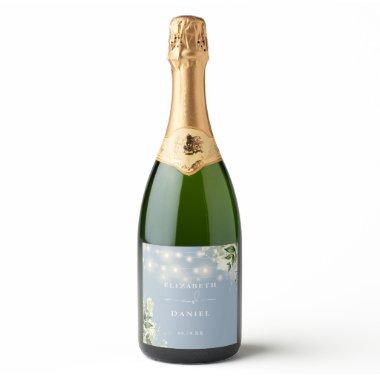 String Lights Dusty Blue Floral Greenery Wedding Sparkling Wine Label