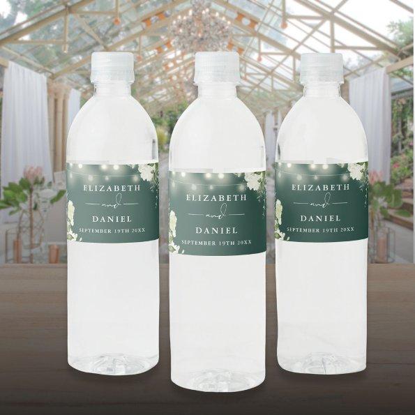 String Lights Emerald Greenery Floral Wedding Water Bottle Label