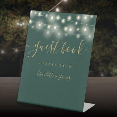String Lights Green And Gold Script Guest Book Pedestal Sign