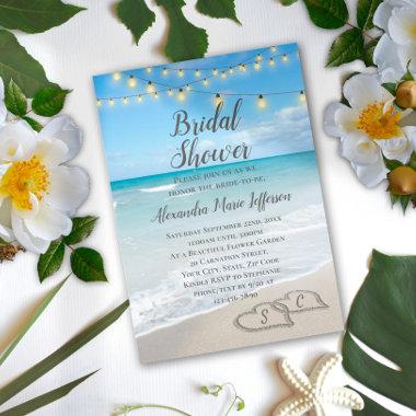 String Lights Hearts in Sand Beach Bridal Shower Invitations