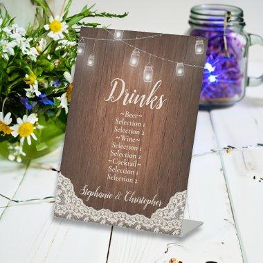 String Lights Rustic Wood Script Drinks Menu Pedestal Sign