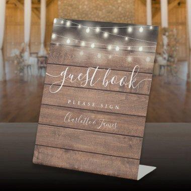 String Lights Rustic Wood Script Guest Book Pedestal Sign