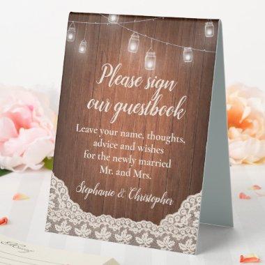 String Lights Rustic Wood Script Guestbook Vintage Table Tent Sign