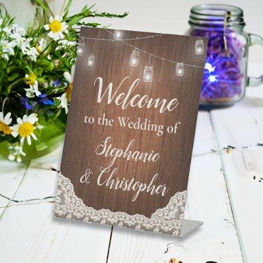 String Lights Rustic Wood Script Welcome Pedestal Sign