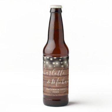 String Lights Rustic Wood Signature Script Wedding Beer Bottle Label