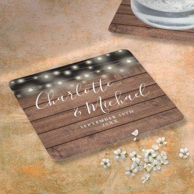 String Lights Rustic Wood Signature Script Wedding Square Paper Coaster