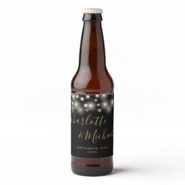 String Lights Signature Script Black Gold Wedding Beer Bottle Label