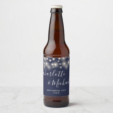 String Lights Signature Script Navy Blue Wedding Beer Bottle Label