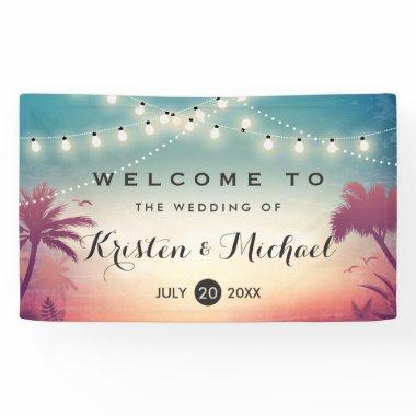 String Lights Summer Palm Trees Wedding Party Banner