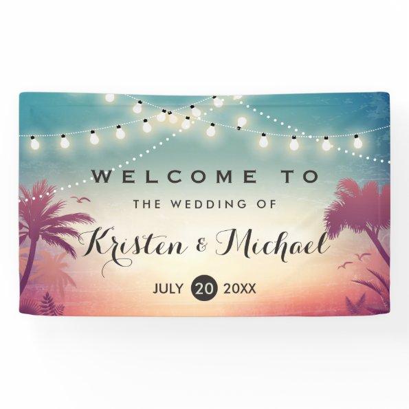 String Lights Summer Palm Trees Wedding Party Banner
