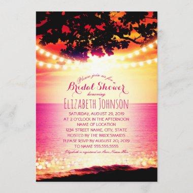 String lights Sunset Tropical Beach Bridal Shower Invitations