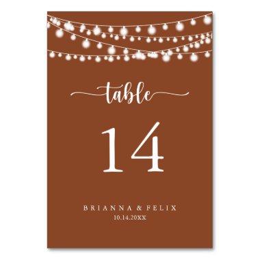 String Lights Terracotta Calligraphy Wedding Table Number