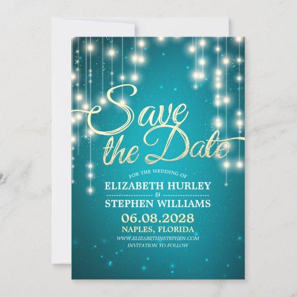 String Lights Turquoise Gold Script Save The Date