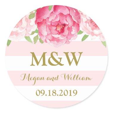 Stripe Pink Floral Monogram Wedding Favor Tag