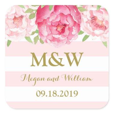 Stripe Pink Floral Monogram Wedding Favor Tag