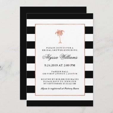 Striped Faux Rose Gold Palm Tree Bridal Shower Invitations