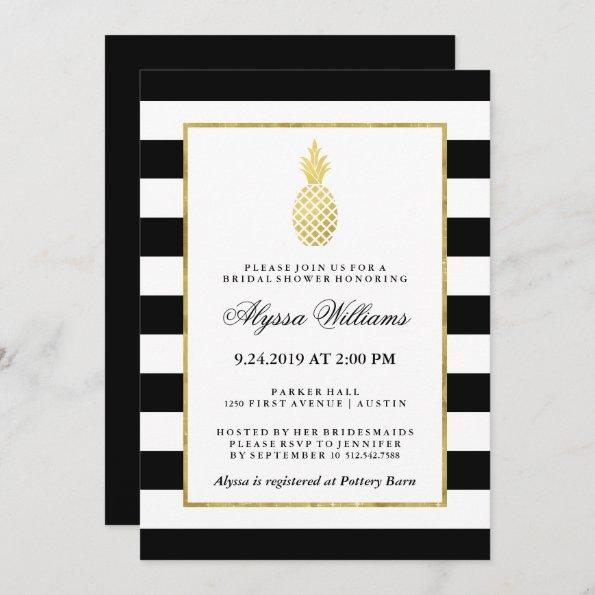 Striped Golden Pineapple Tropical Bridal Shower Invitations