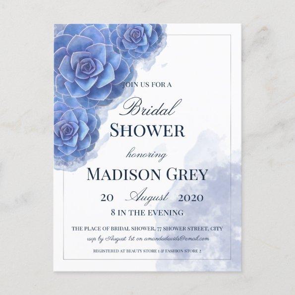 Stunning Blue Watercolor Succulents Bridal Shower Invitation PostInvitations