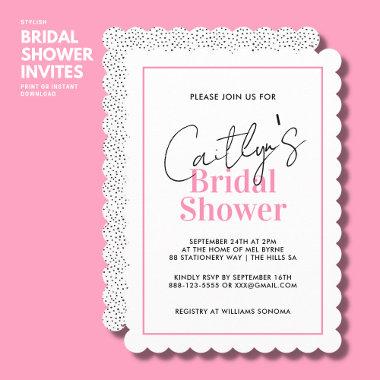 Stylish Black and Pink Script Spot Bridal Shower Invitations