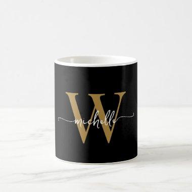 Stylish Black Gold Monogram Name Script Signature Coffee Mug