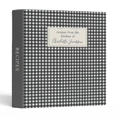 Stylish Black White Gingham Plaid Monogram Recipe 3 Ring Binder