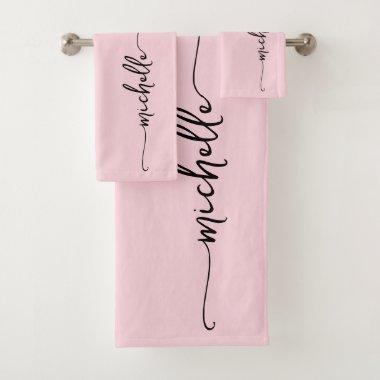 Stylish Blush Pink Monogram Name Script Signature Bath Towel Set