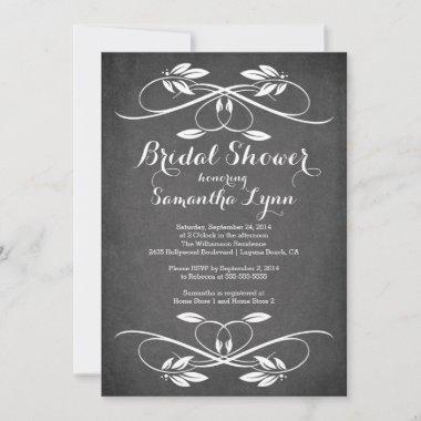 Stylish Chalkboard Leaf Flourish Bridal Shower Invitations
