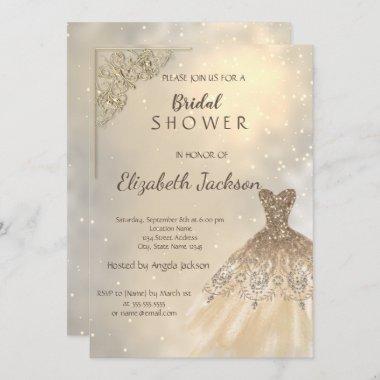 Stylish Chic Gold Glitter Dress Bridal Invitations