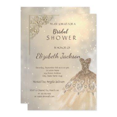 Stylish Chic Gold Glitter Dress Bridal Invitations