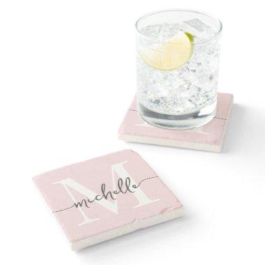 Stylish Elegant Blush Pink Monogram Name Script Stone Coaster