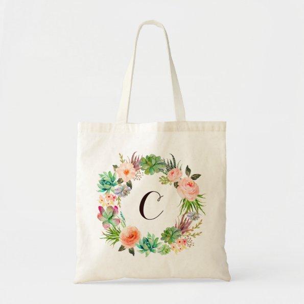 Stylish Floral Watercolor Modern Monogram Tote Bag