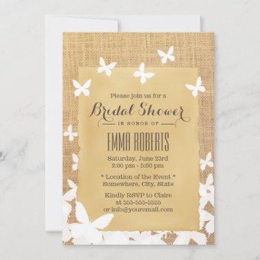 Stylish Flying Butterflies Burlap Bridal Shower Invitations