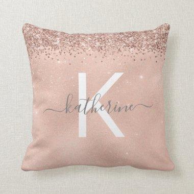Stylish Girly Chic Rose Gold Glitter Monogram Throw Pillow