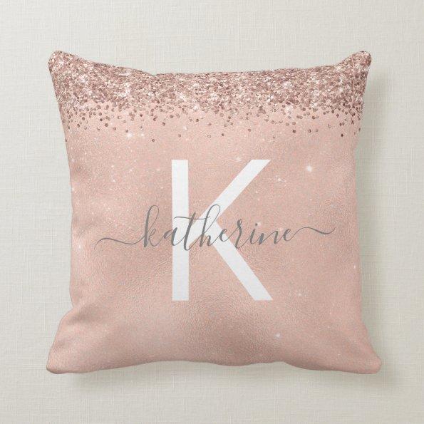 Stylish Girly Chic Rose Gold Glitter Monogram Throw Pillow
