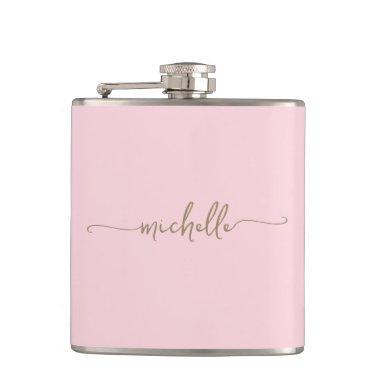 Stylish Gold Monogram Name Script Blush Pink Flask
