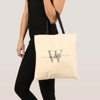 Stylish Gray Monogram Name Handwritten Script Tote Bag