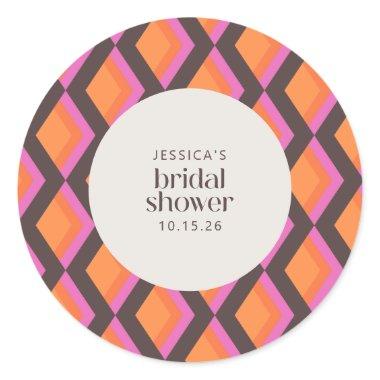 Stylish Mid Century Mod Pink Brown Bridal Shower Classic Round Sticker