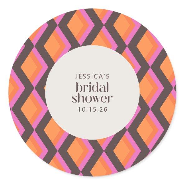 Stylish Mid Century Mod Pink Brown Bridal Shower Classic Round Sticker