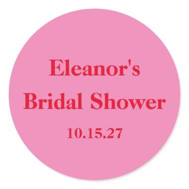 Stylish Modern Chic Pink Red Custom Bridal Shower Classic Round Sticker