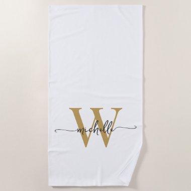Stylish Modern White Gold Monogram Name Script Beach Towel
