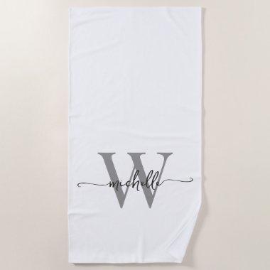 Stylish Modern White Gray Monogram Name Script Beach Towel