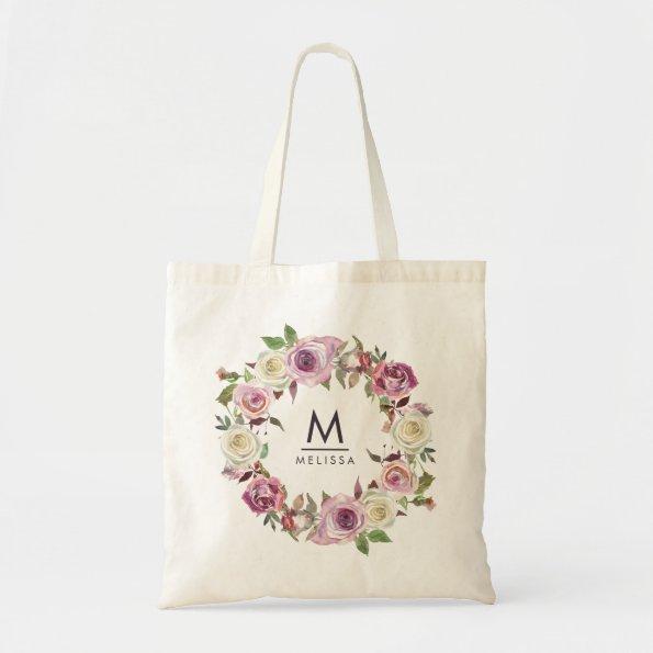 Stylish Monogram Watercolor Floral Roses Tote Bag