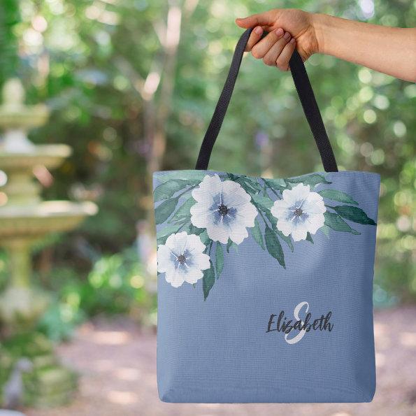 Stylish Monogrammed Name Initial Floral Dusty Blue Tote Bag